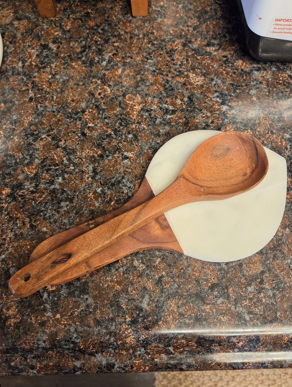 Marble and Acacia Wood Spoon Rest Mid-Century Modern Kitchen Decor Handcrafted